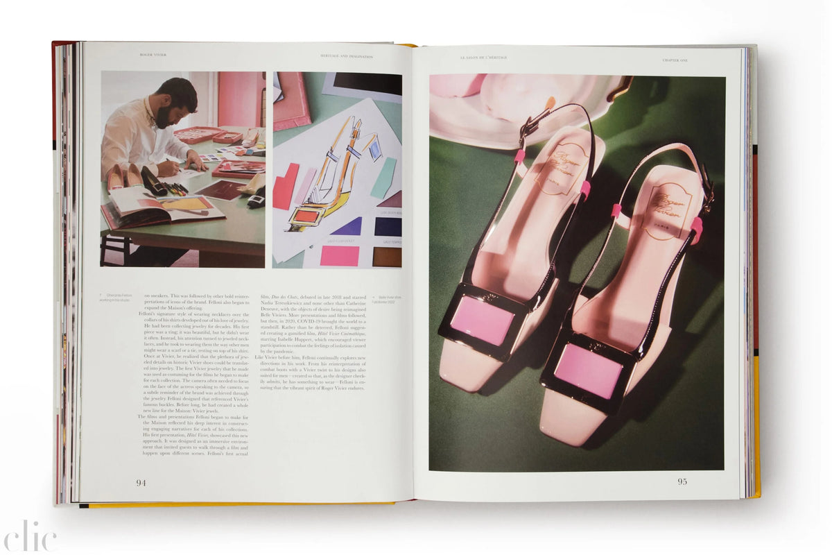 Open book showing a page with a person working and another with pink and black heels.