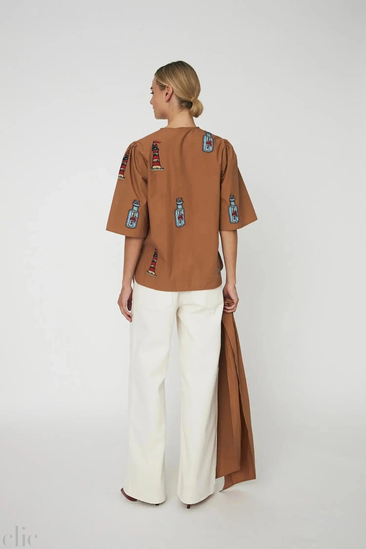 Embroidered Bow Shirt in Brown, from Stella Nova
