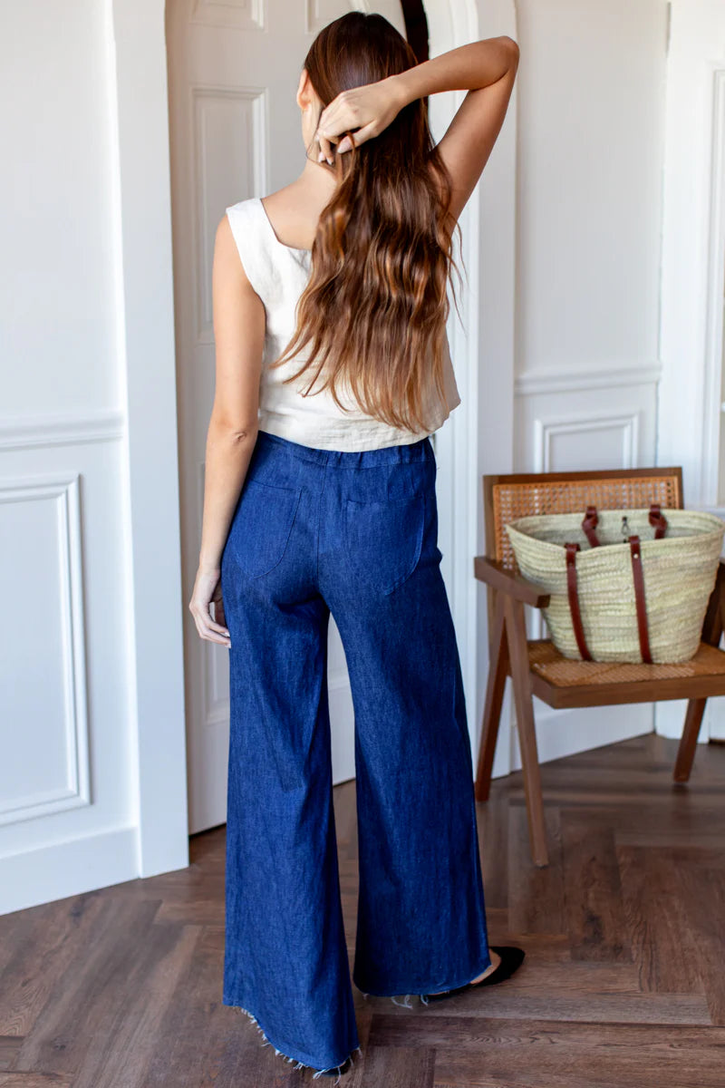 Tulip Wide Leg Trouser in Indigo Hemp, from Emerson Fry