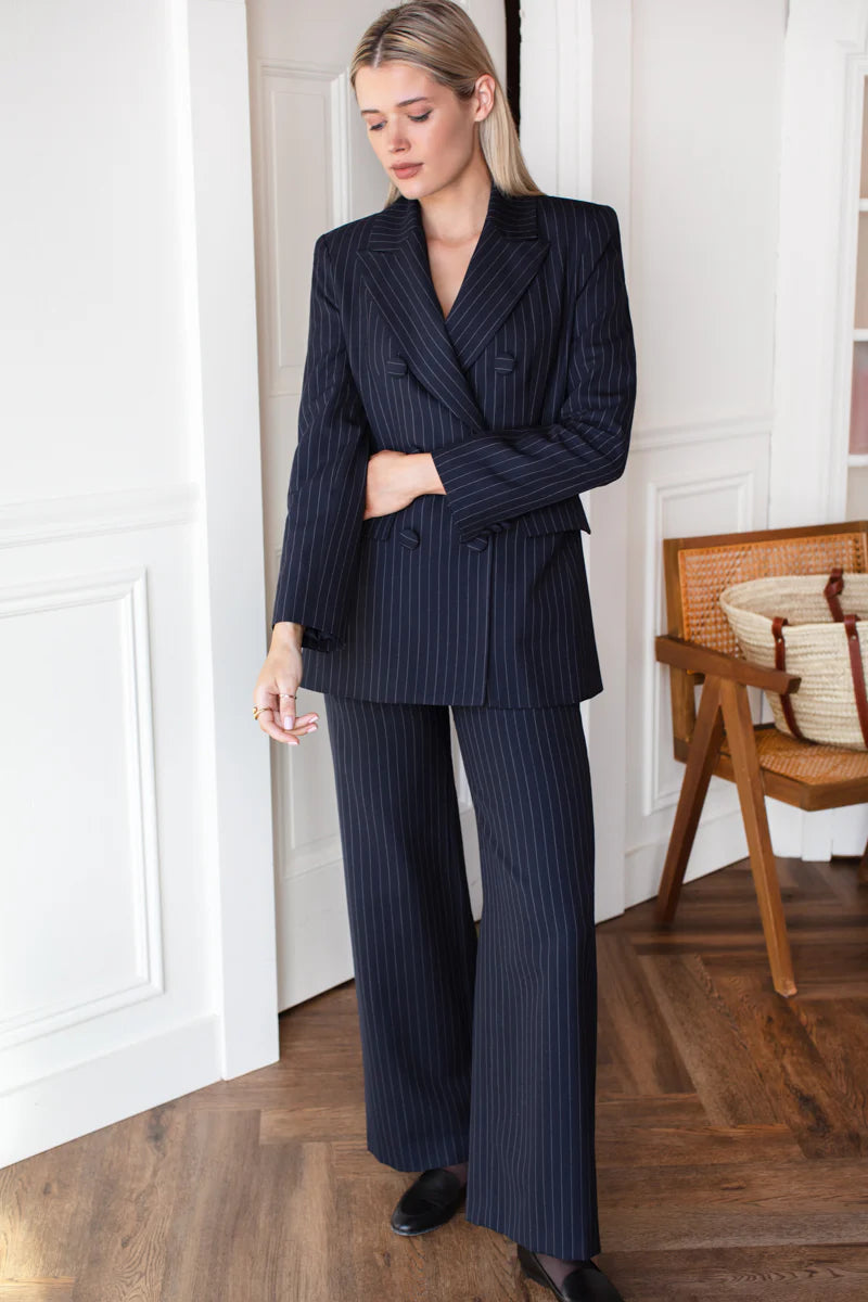Strong Shoulder Blazer in Navy Pinstripe, from Emerson Fry
