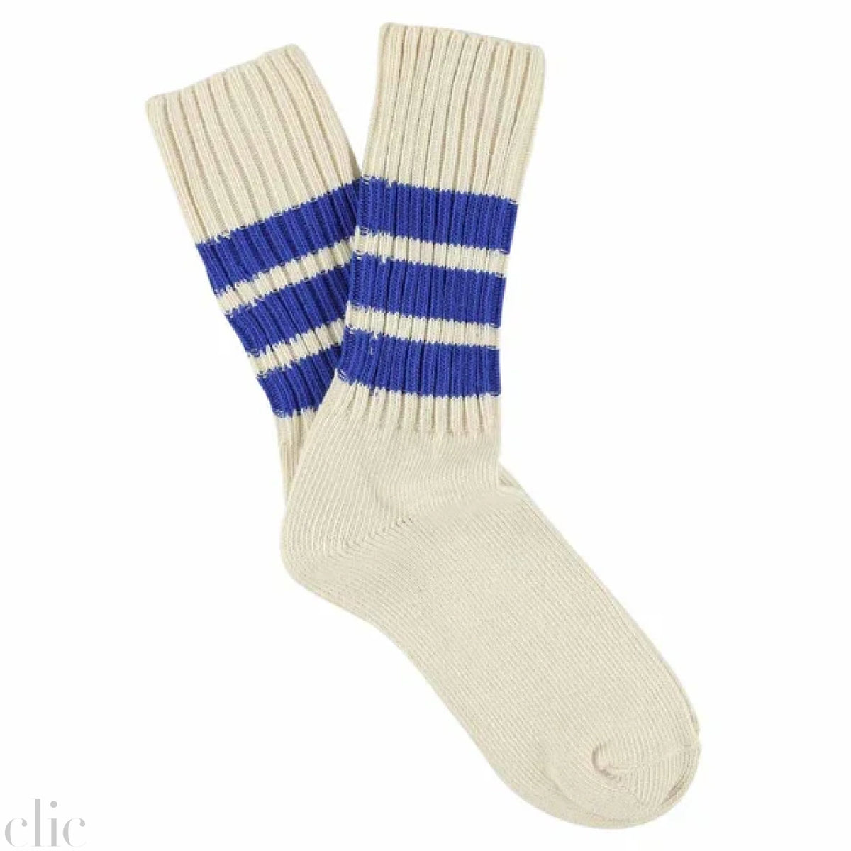 Crew Stripe Socks in Ecru and Bright Blue, from Escuyer