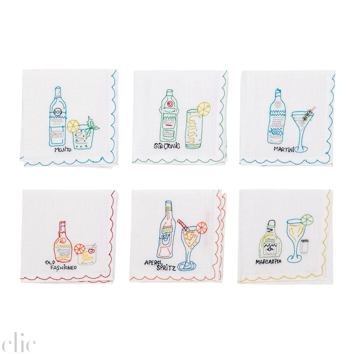 Set of 6 Mixed Drink Embroidered Linen Cocktail Napkins