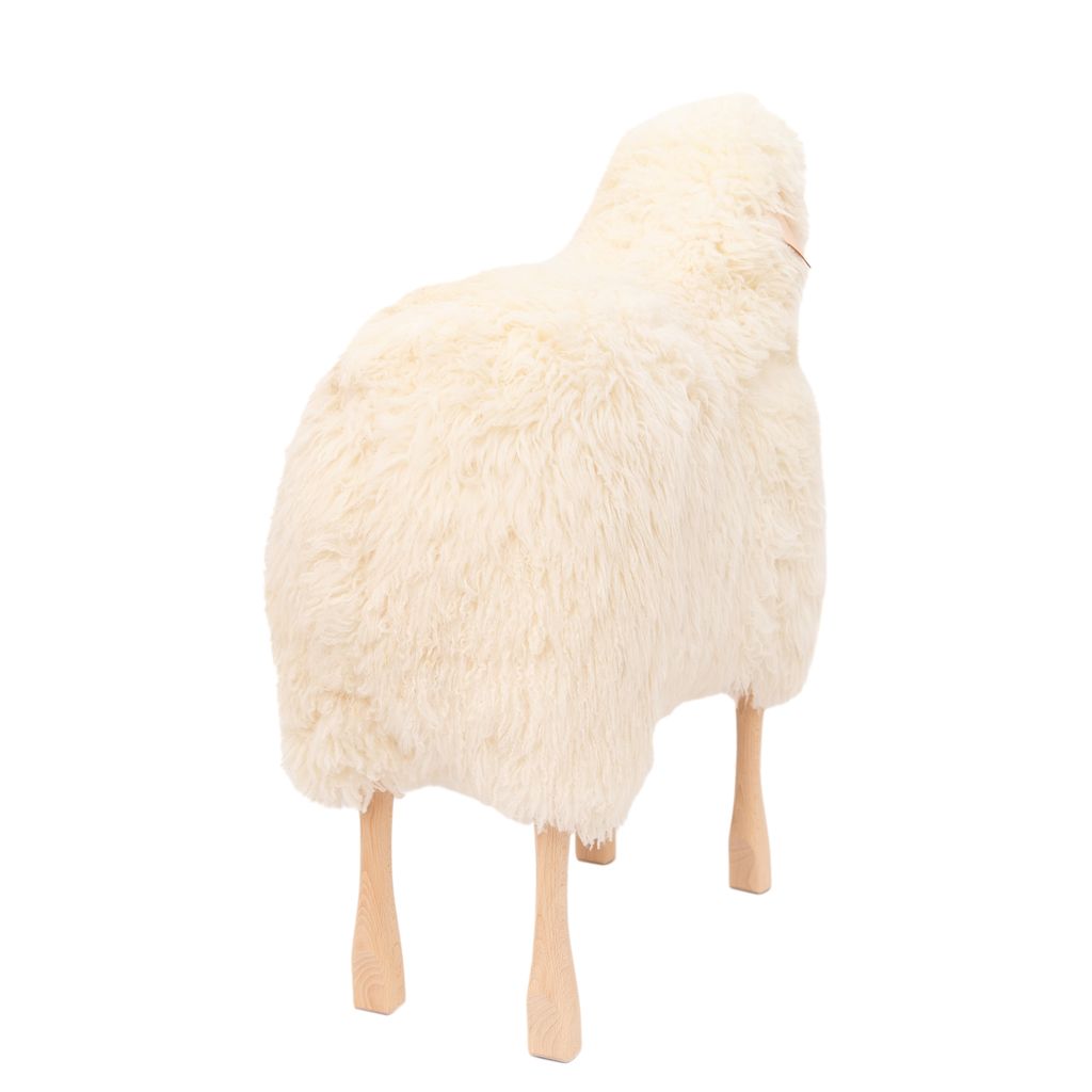 Life Sized Sheep Stool in White Fur and Beech wood