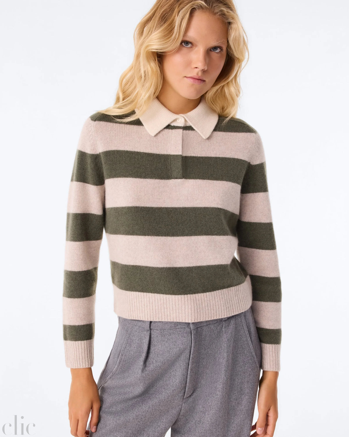 Polo Royce Stripe Sweater in Dark Khaki, from Kujten
