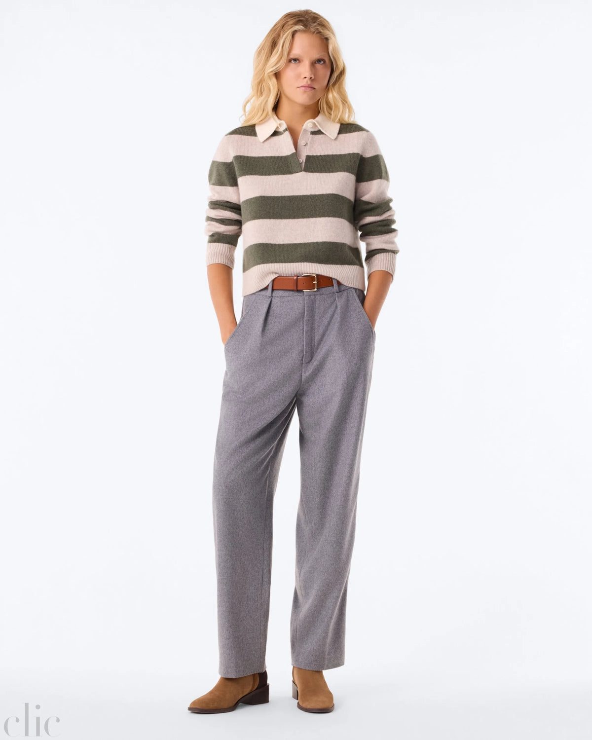 Polo Royce Stripe Sweater in Dark Khaki, from Kujten