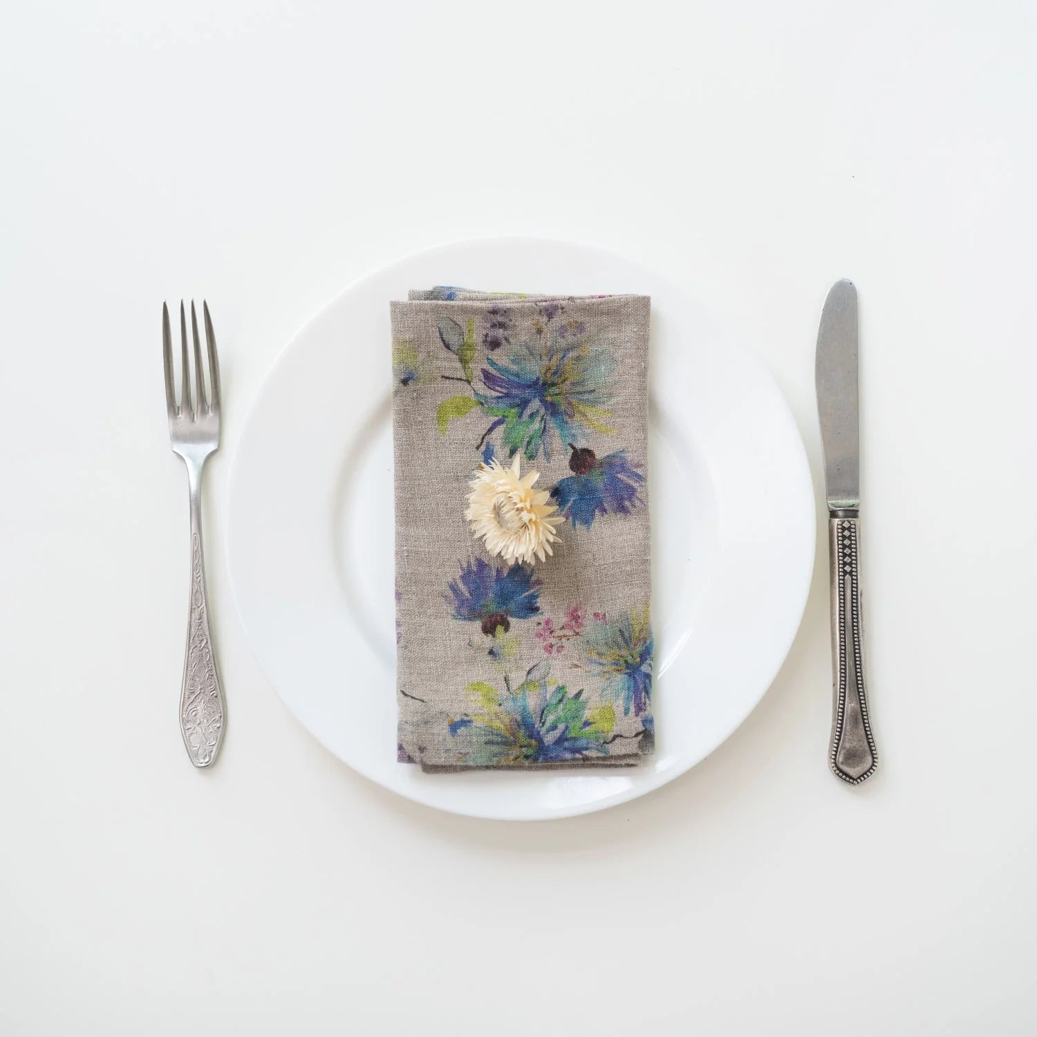 Set of 2 Flowers on Natural Linen Napkins, from Linen Tales