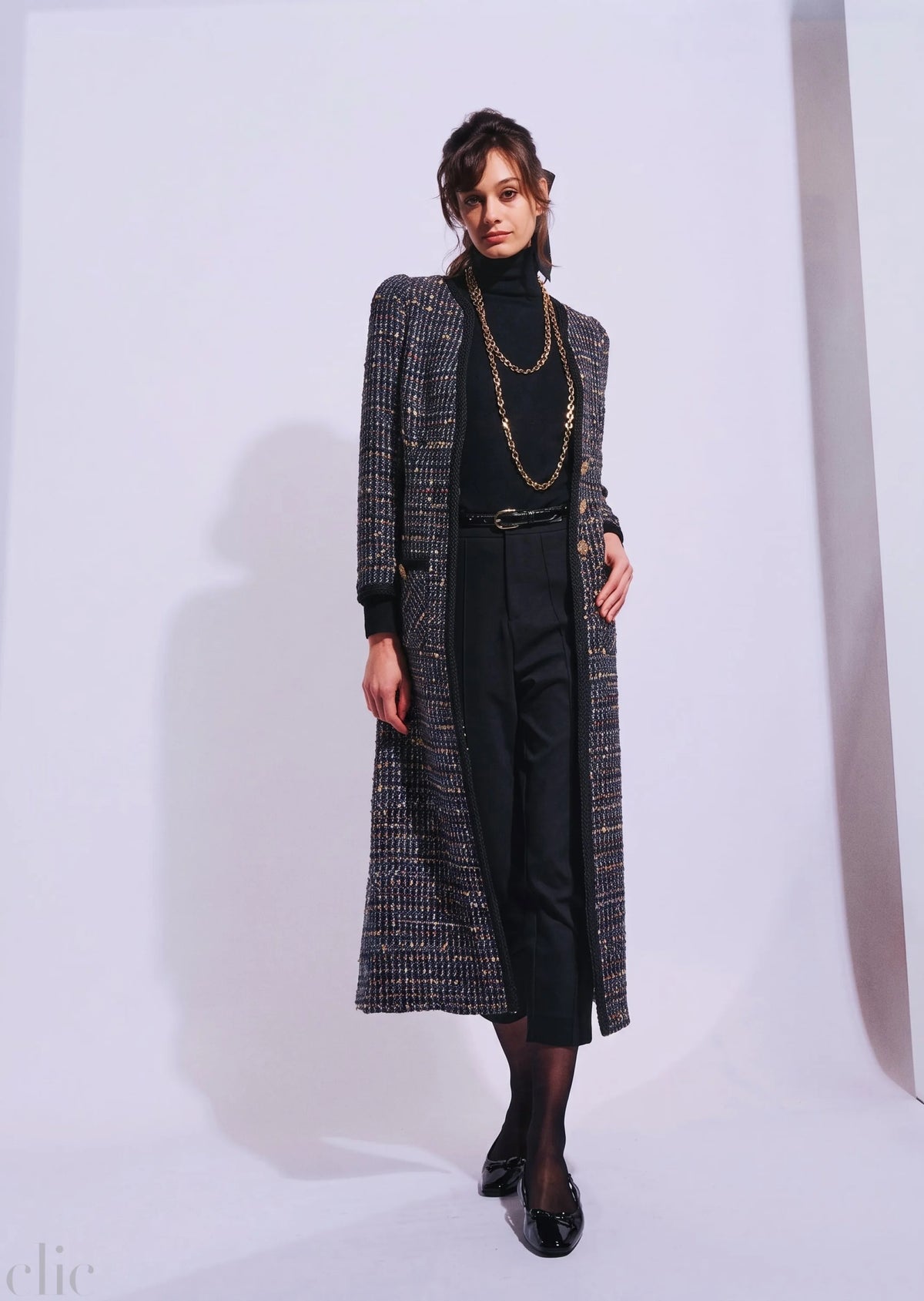 Long Metallic Tweed Coat in Navy, from Edward Achour