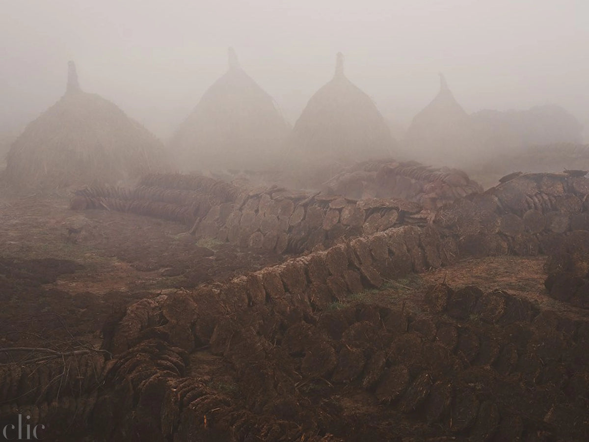 Misty landscape with structures and a path