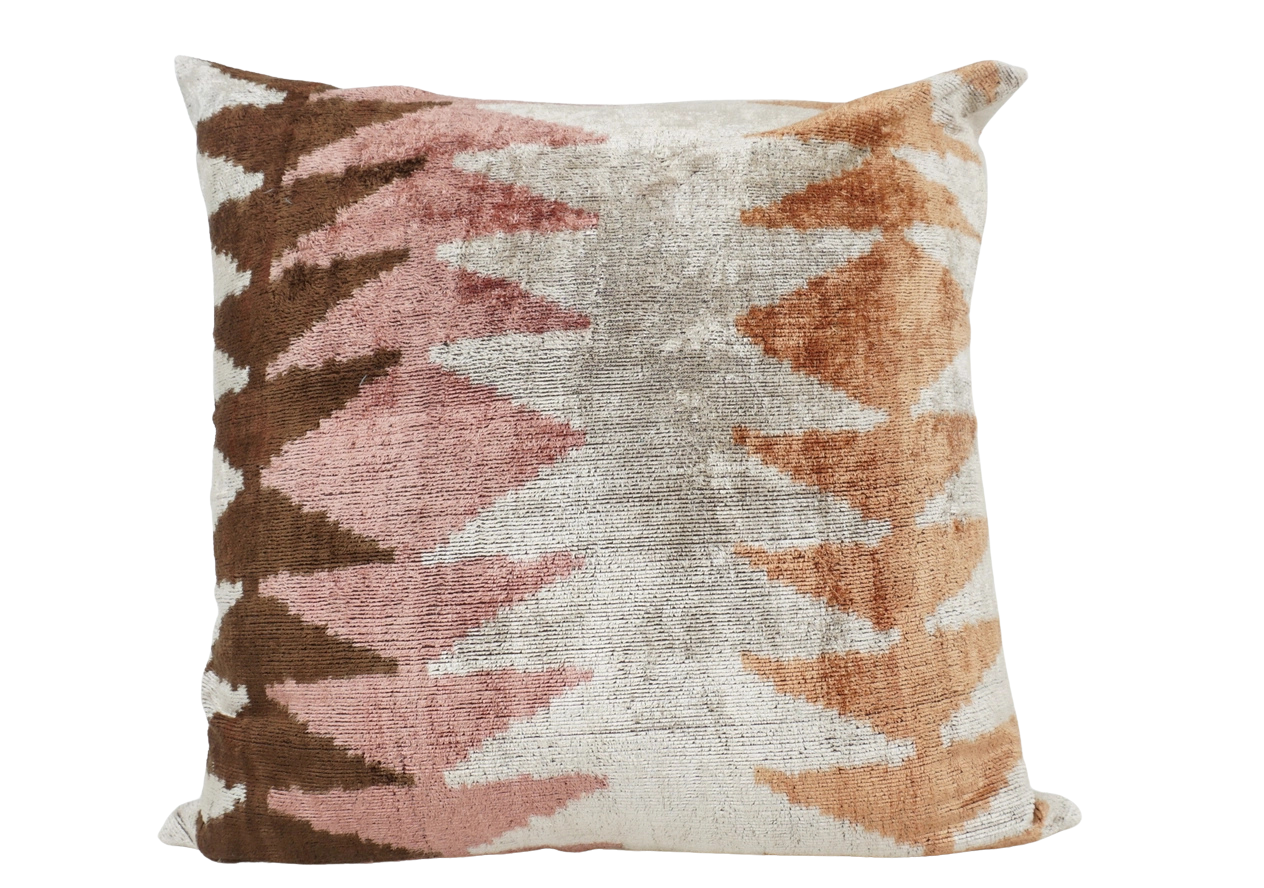 Handmade Ikat Silk Velvet Pillow in Brown Pink, from MD Home
