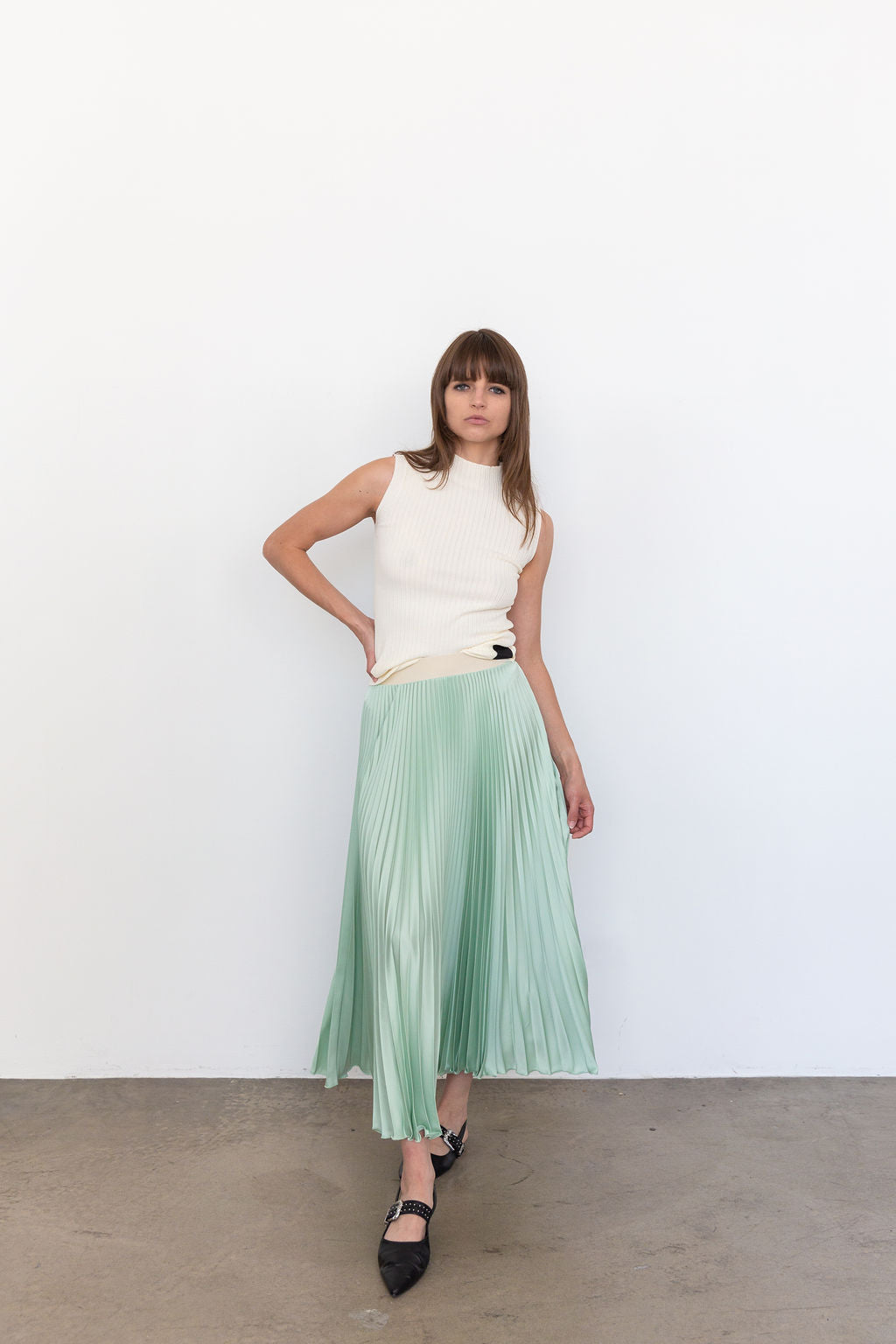 2601 Classic Satin Midi Skirt in Pistachio, from Loyd Ford