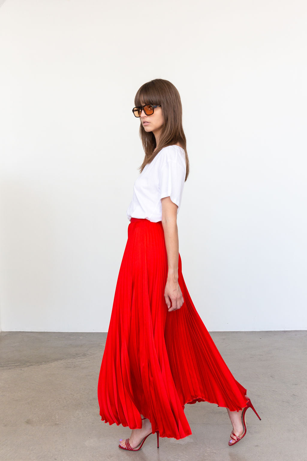 2601 Classic Satin Midi Skirt in Red, from Loyd Ford