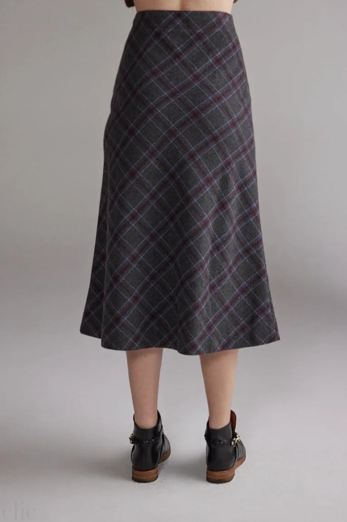 Wool Blend Plaid Skirt in Grey and Brown, from Amente