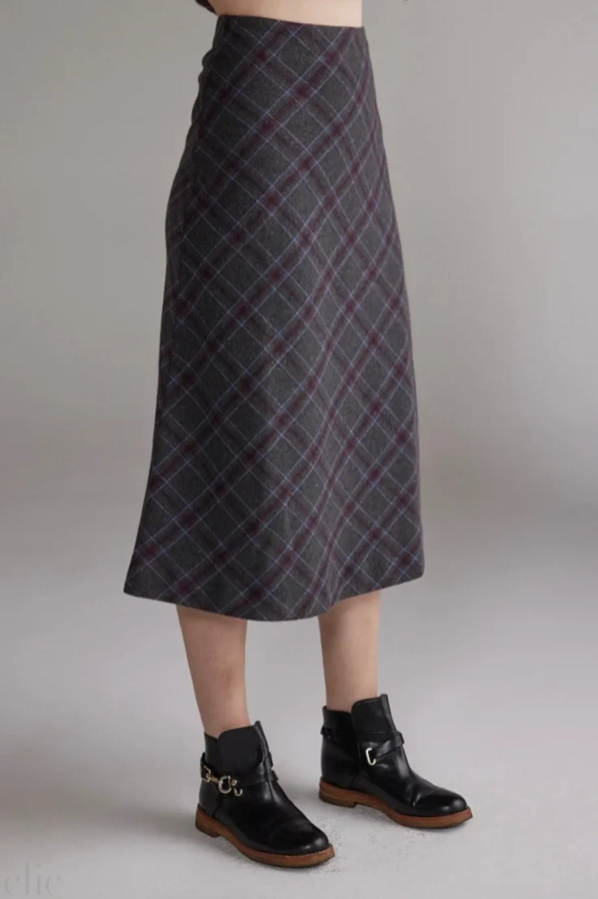 Wool Blend Plaid Skirt in Grey and Brown, from Amente
