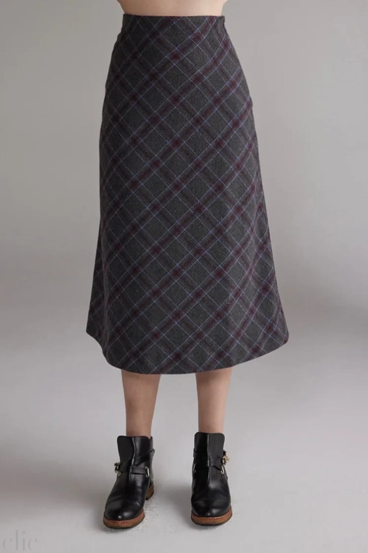 Wool Blend Plaid Skirt in Grey and Brown, from Amente