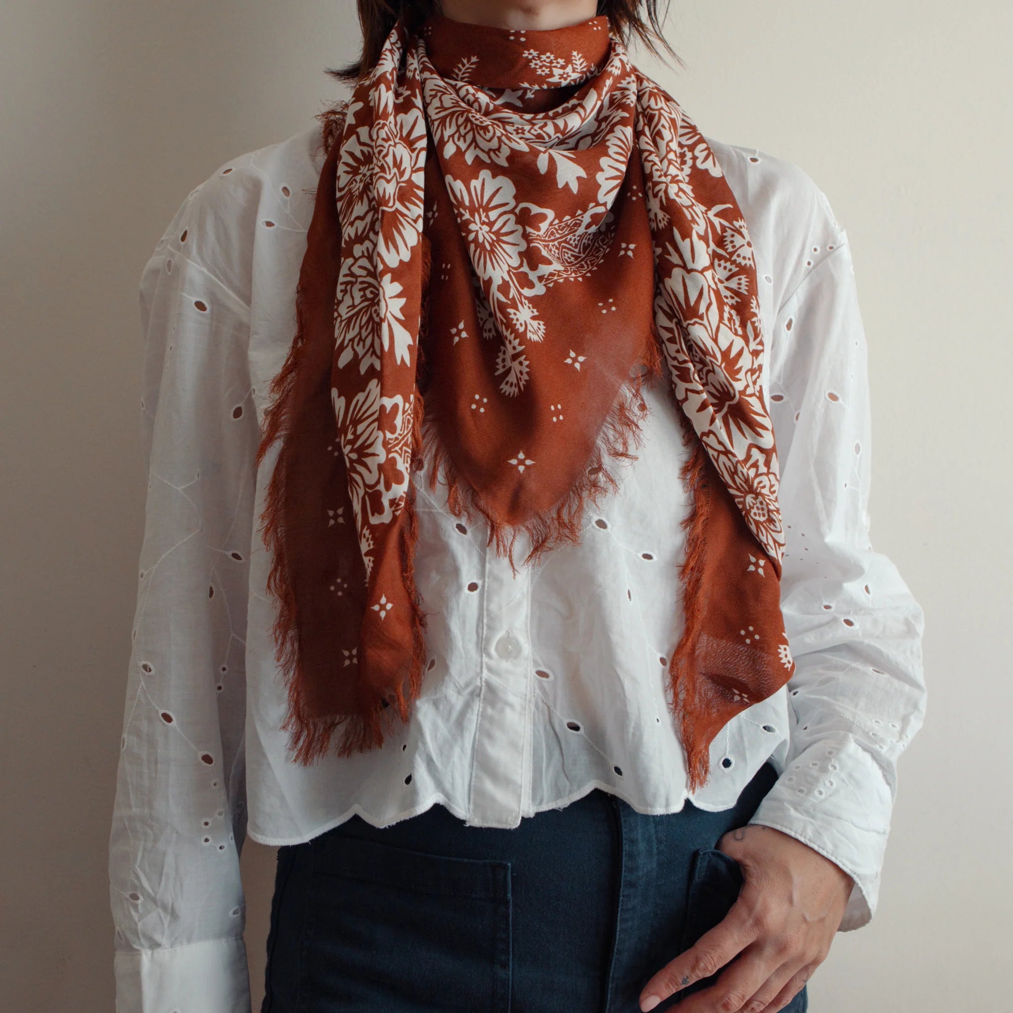 Oversize Fringe Bandana in Blossom in Cocoa, from Last Chance Textiles