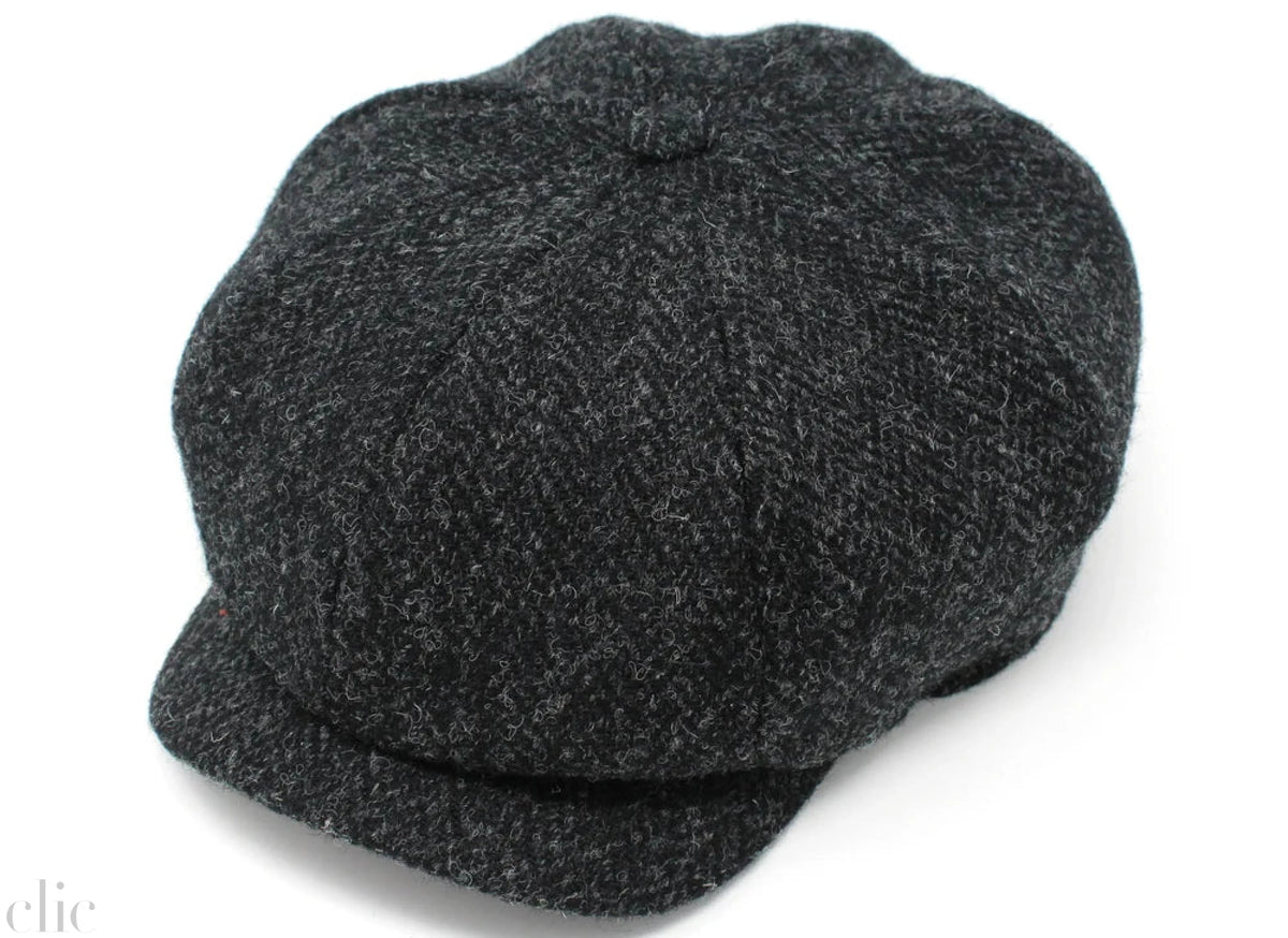 JP Tweed Cap in Black and Charcoal Herringbone, from Hanna Hats