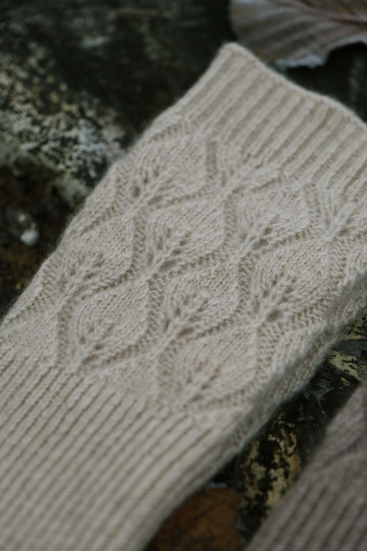 Leaf Knit Cashmere Fingerless Arm Warmer in Oatmeal Beige / Cream, from Oats and Rice