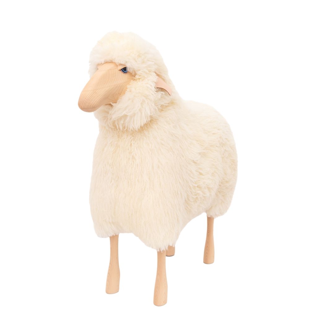 Life Sized Sheep Stool in White Fur and Beech wood