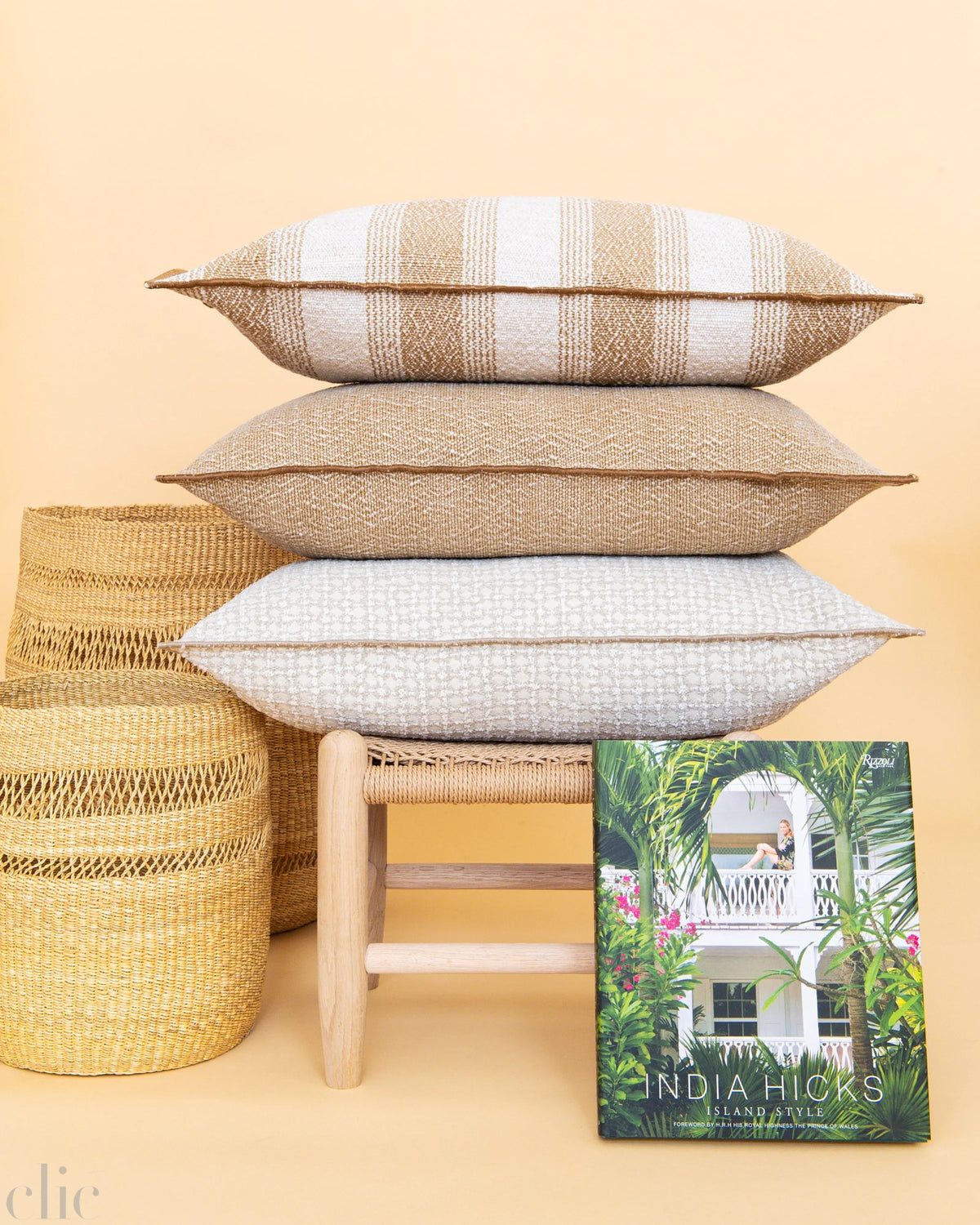 Canvas Outdoor Puglia Stripped Rayures Pillow 16 x 24 in Sable, from Maison de Vacances