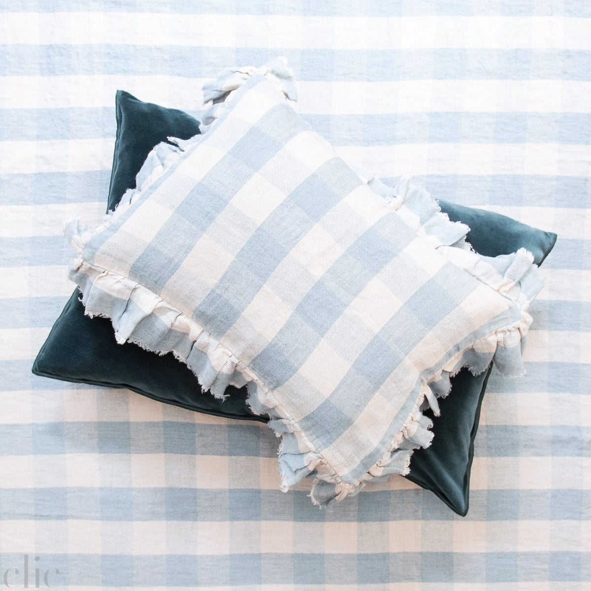 Linen Boho Vichy Cottage 11x15 Pillow in Nuage, from Maison de Vacances