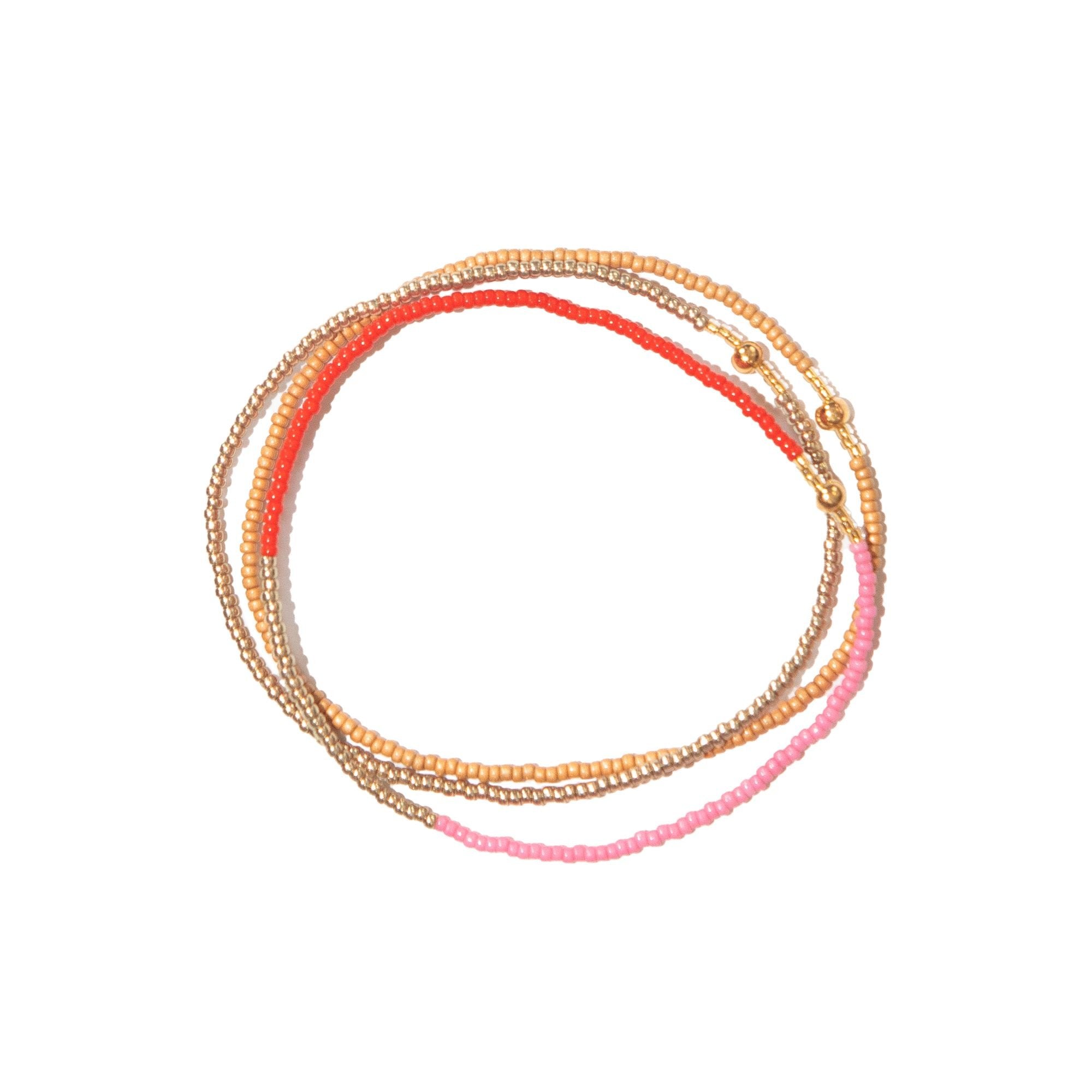 Red, Pink, Gold and Beige Stacked Beaded Bracelet, from Templestones