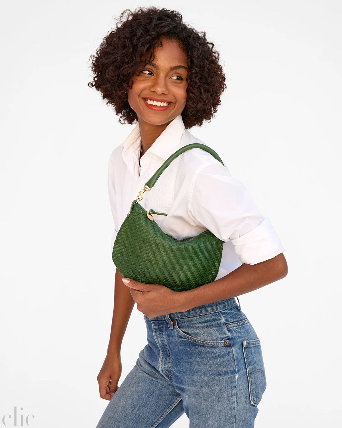 Petit Moyen Messenger Bag in Evergreen Woven Zig-Zag, from Clare V