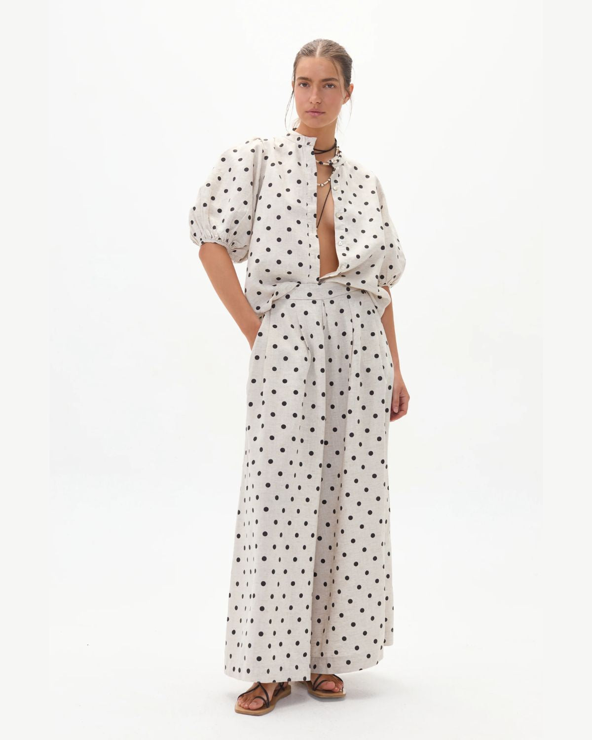 Sabi Linen Pants in Natural & Black Polka Dots, from Lanhtropy