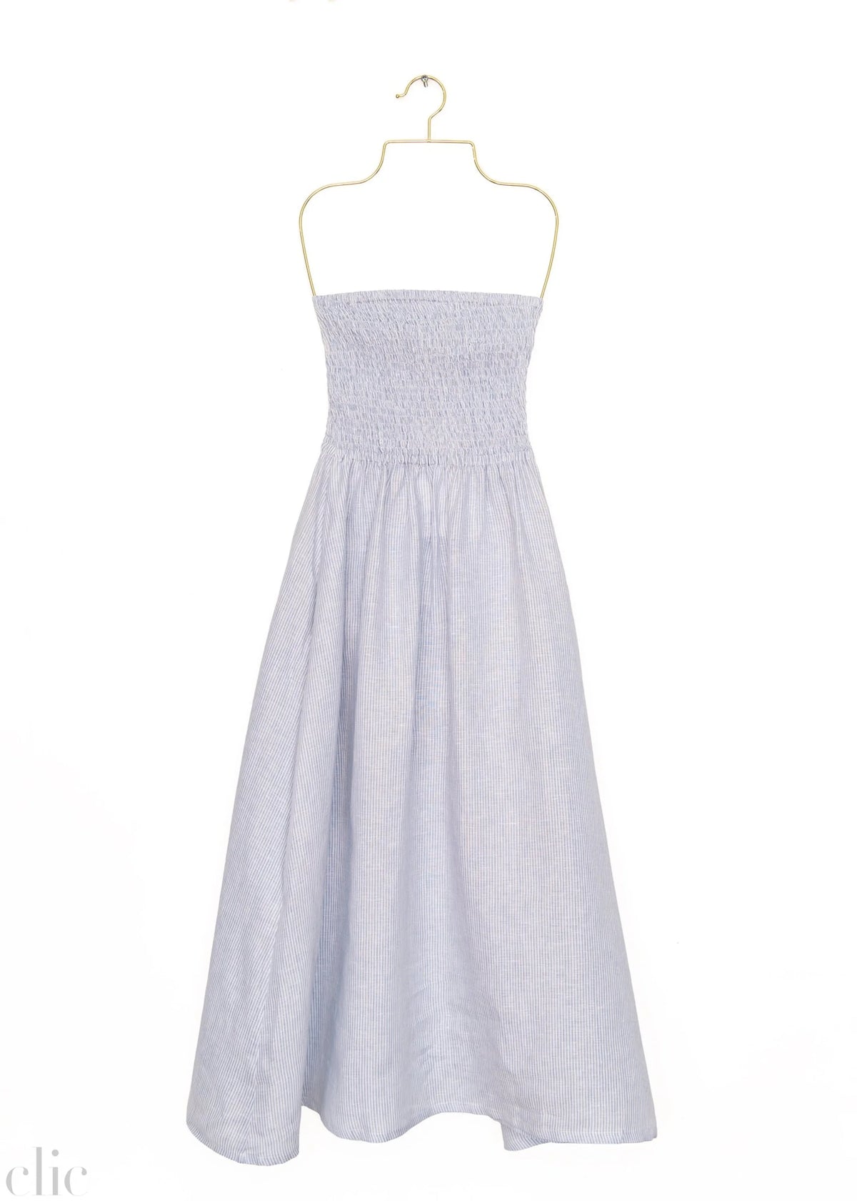 Shirred Tube Midi Dress in Sea Blue Stripe, from Nary