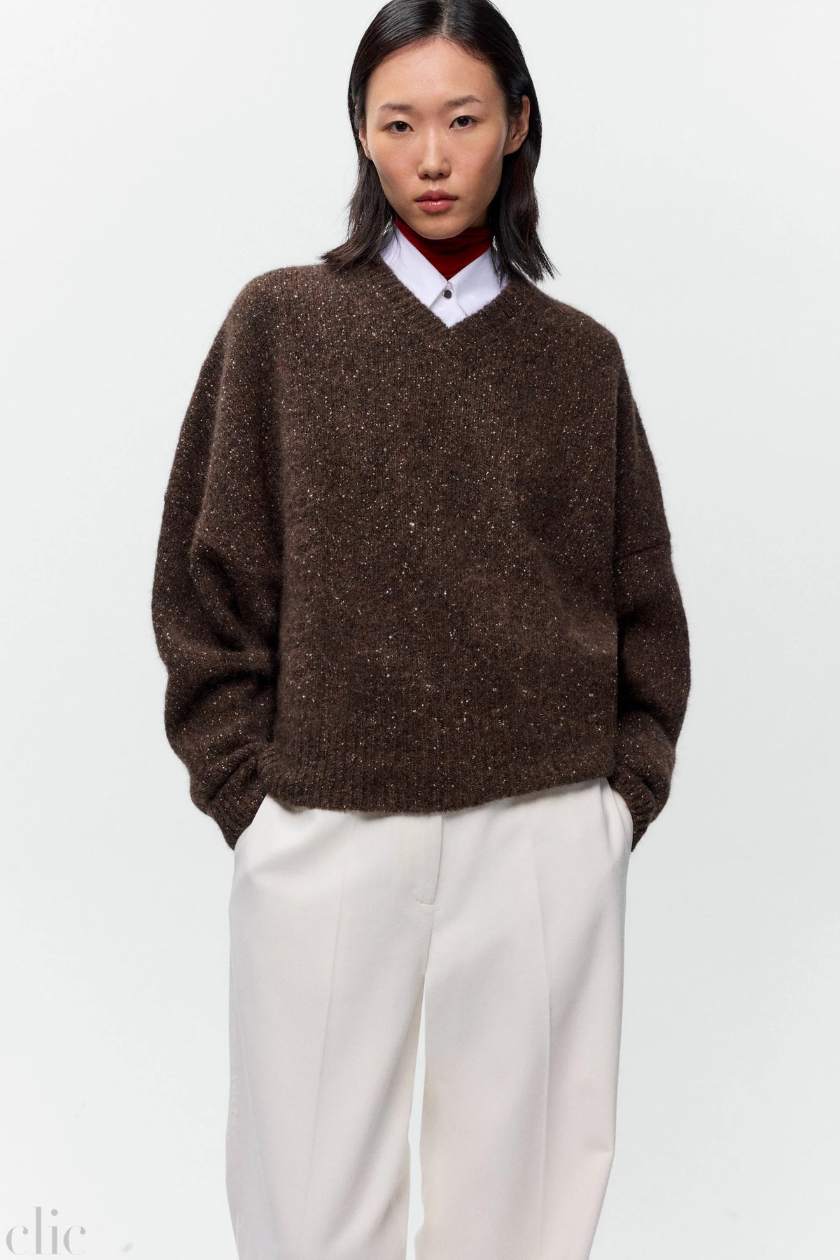 Speckled V-Neck Sweater in Chocolate, from Cordera