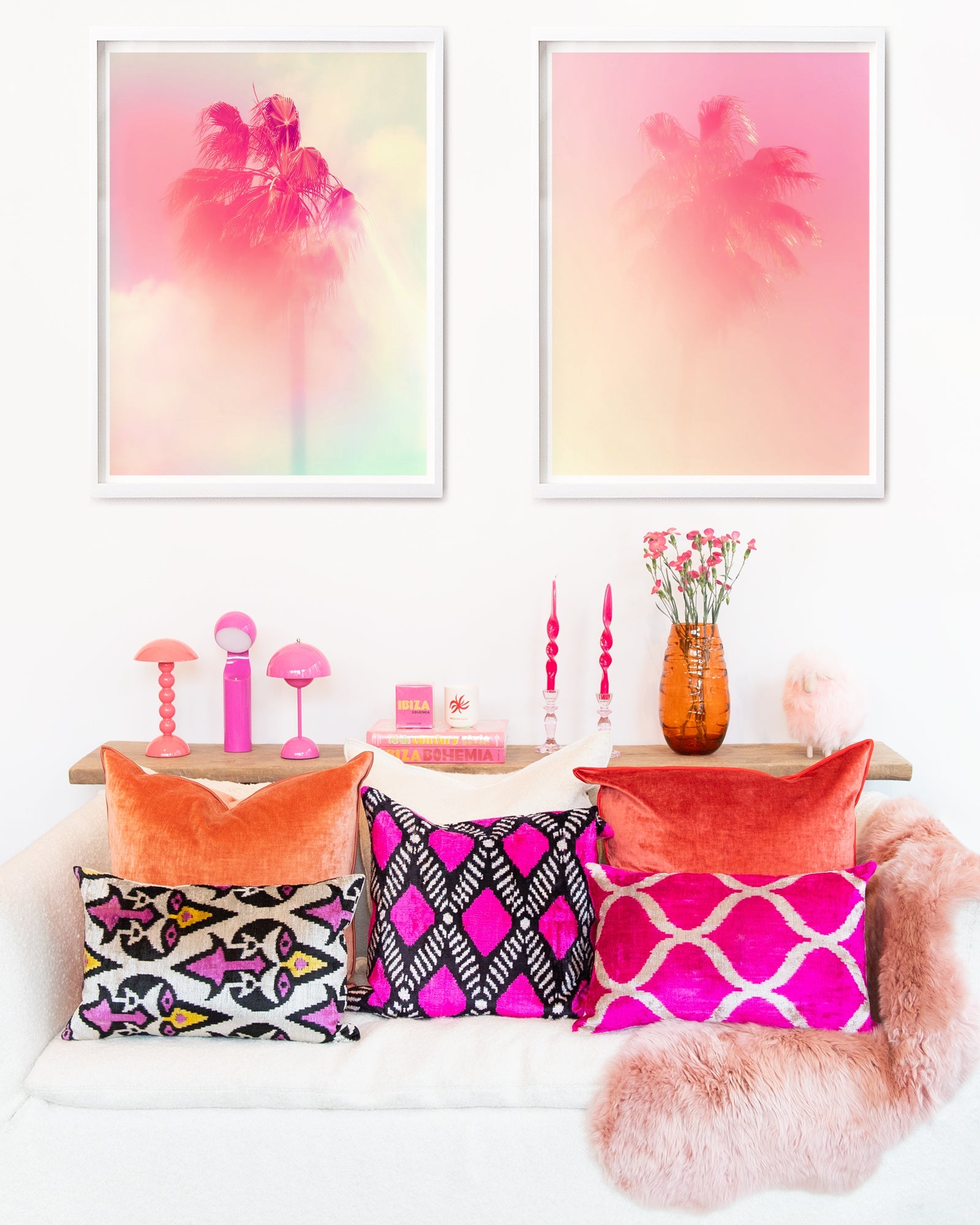 Design Ikat Silk and Velvet Pillow in Dark Magenta, from MD Home