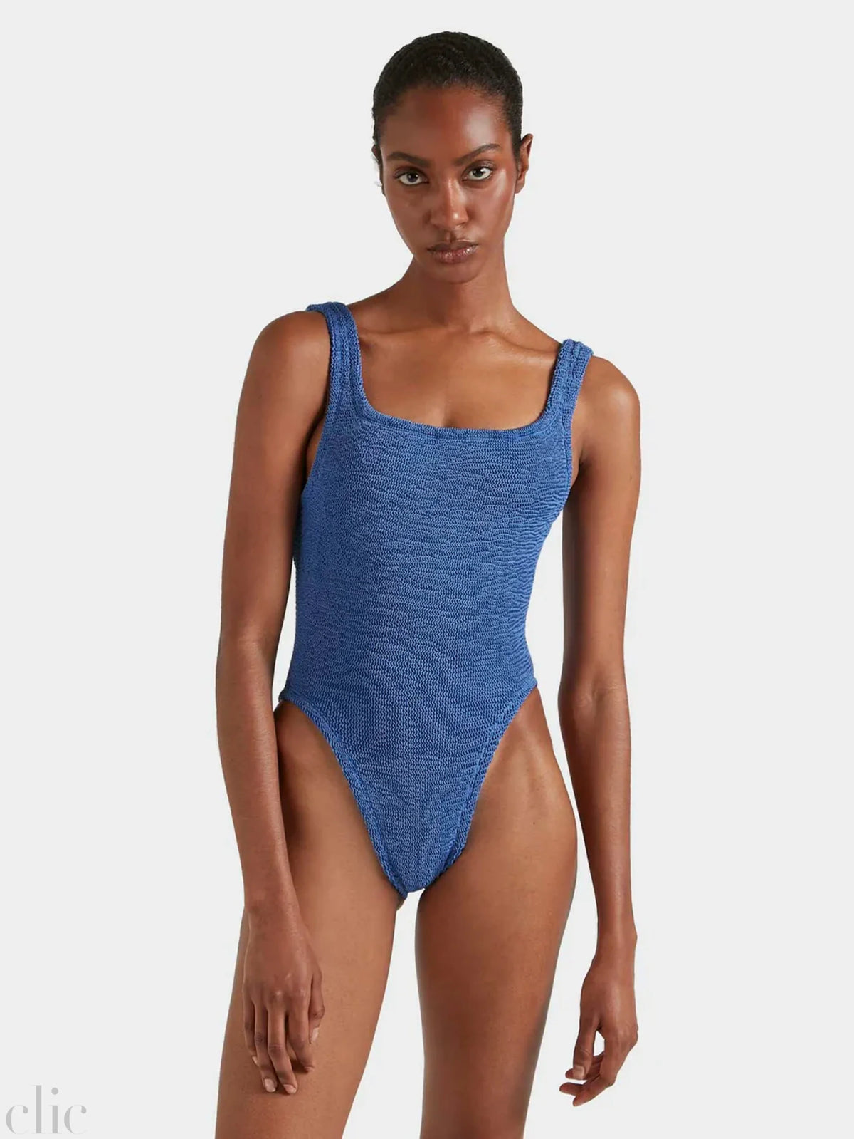 Square Neck Swim in Metallic Denim, from Hunza G