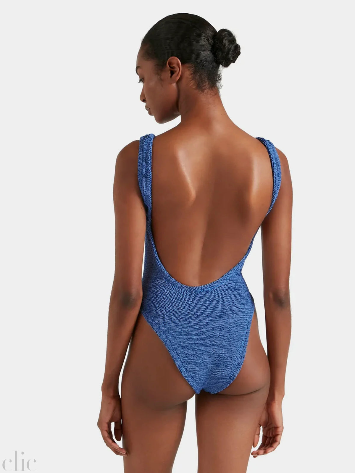 Square Neck Swim in Metallic Denim, from Hunza G