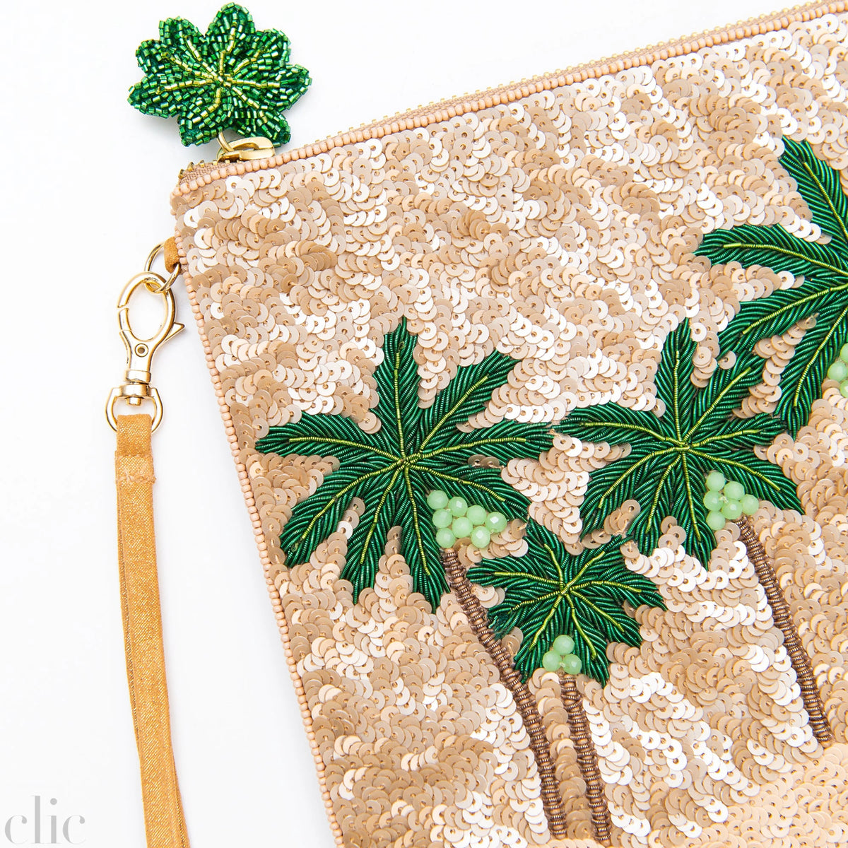 Palm Tree Sequins Pouch in Beige, from Olivia Dar