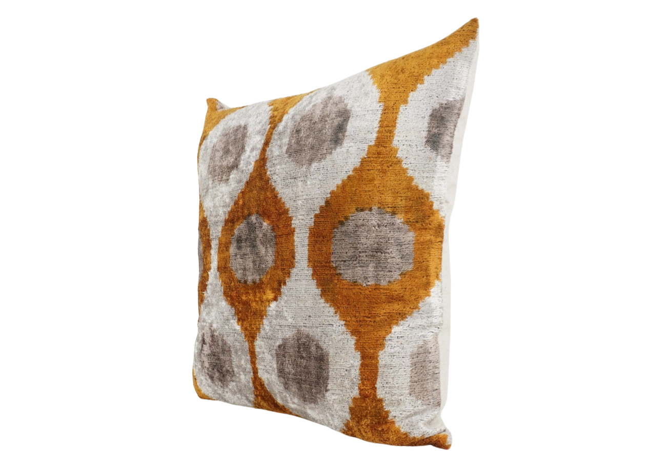 Handmade Ikat Silk Velvet Pillow in Gold Brown, from MD Home