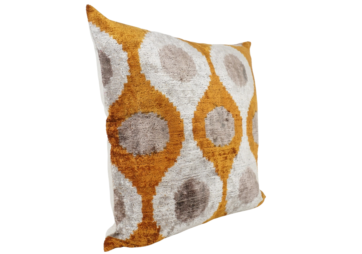 Handmade Ikat Silk Velvet Pillow in Gold Brown, from MD Home