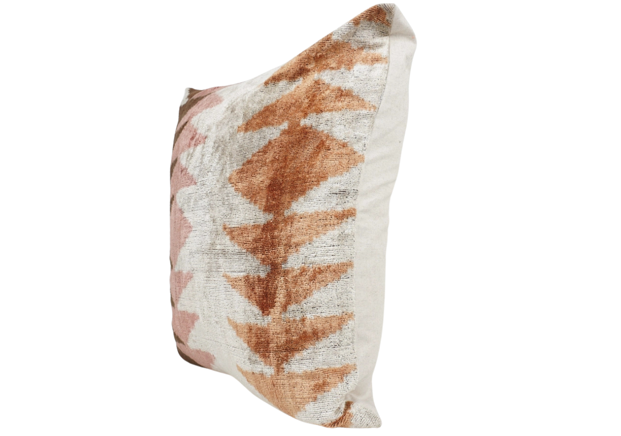 Handmade Ikat Silk Velvet Pillow in Brown Pink, from MD Home