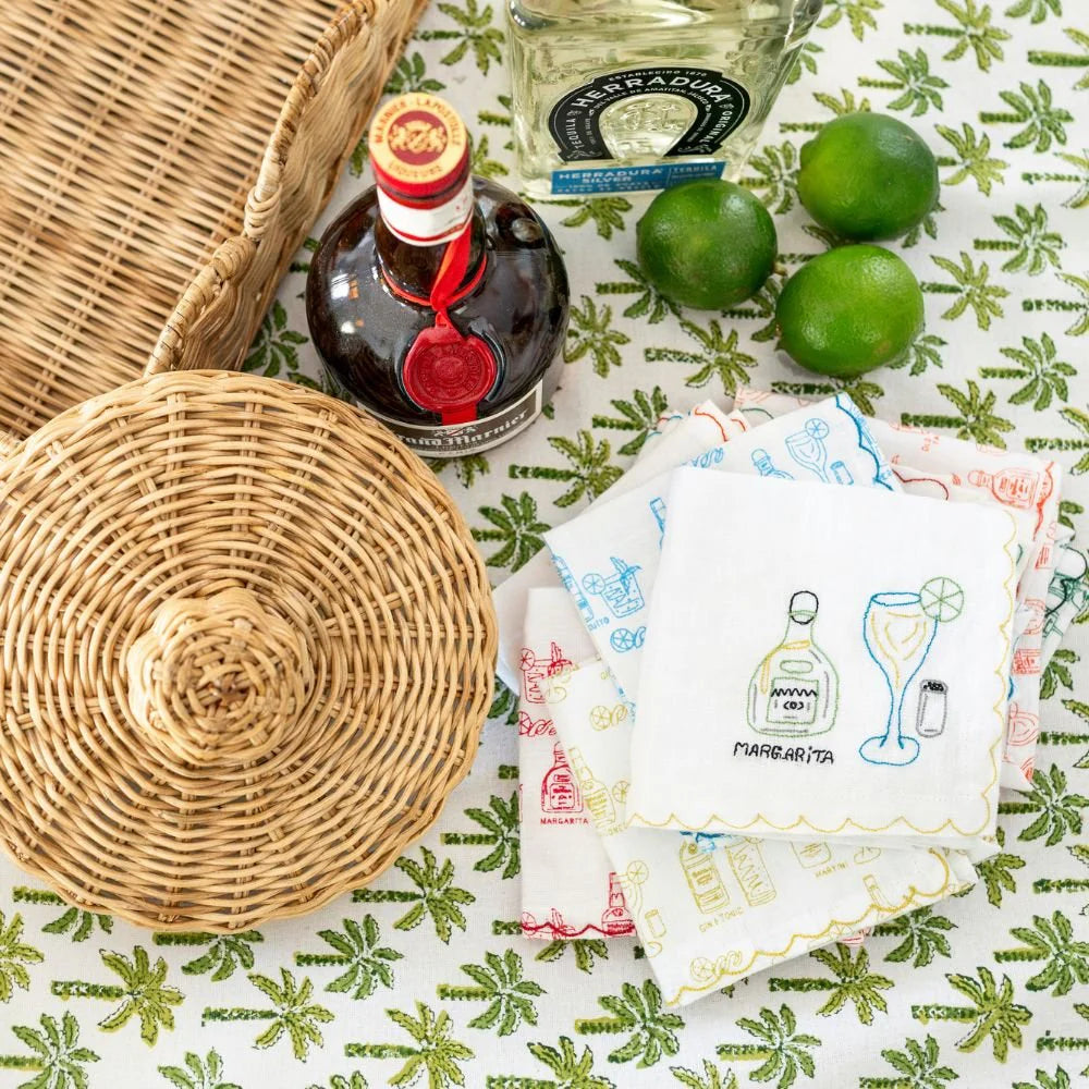 Set of 6 Mixed Drink Embroidered Linen Cocktail Napkins, from Pomegranate