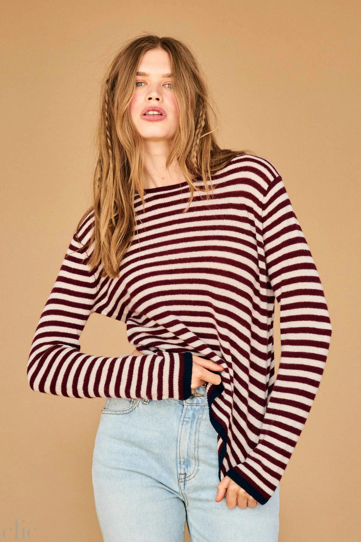 Tipped Little Stripe Crew in Burgundy and Limestone, from Jumper 1234