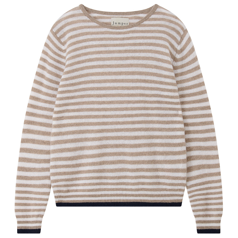 Cashmere Tipped Little Stripe Crew in Light Brown, from Jumper 1234