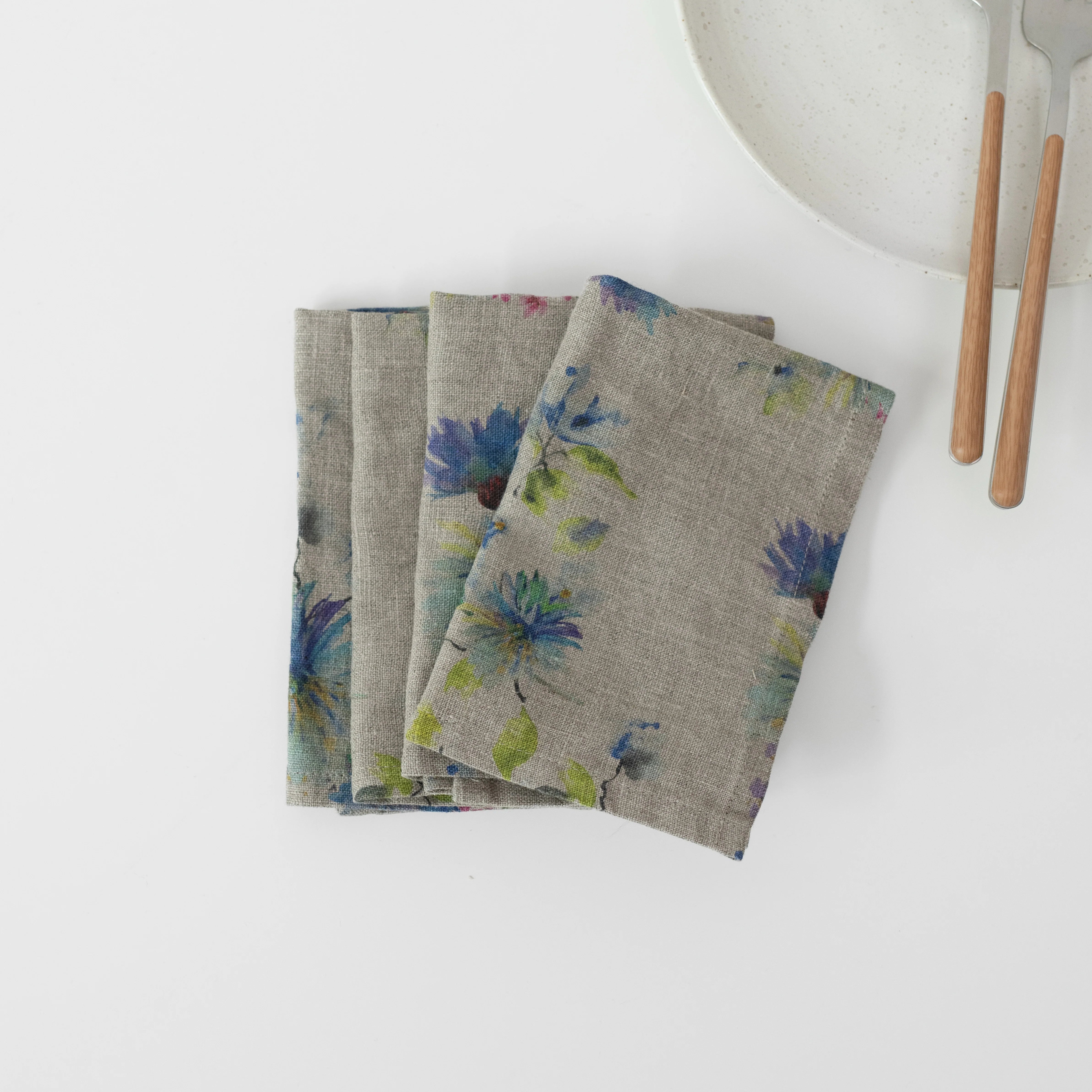 Set of 2 Flowers on Natural Linen Napkins, from Linen Tales