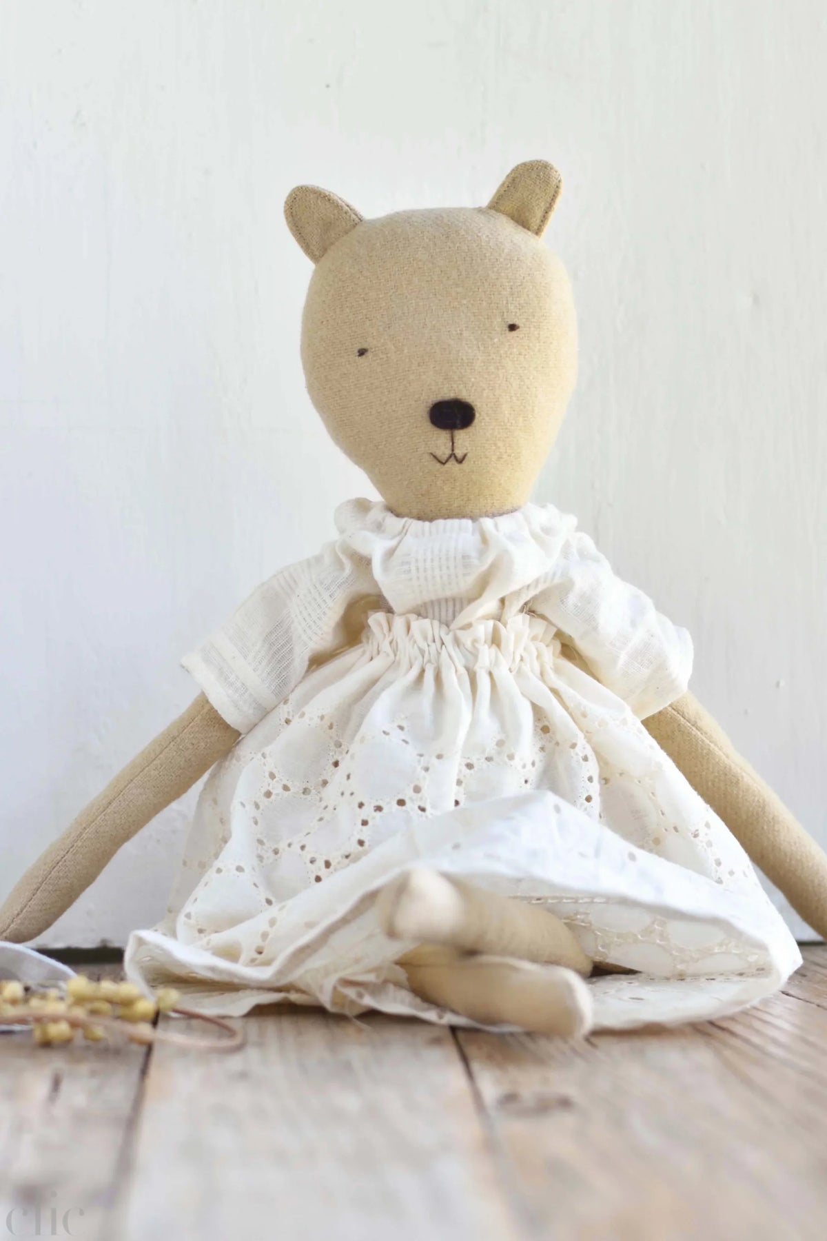 Agatha the Bear Heirloom Wool Doll in Meadow Eyelet Skirt