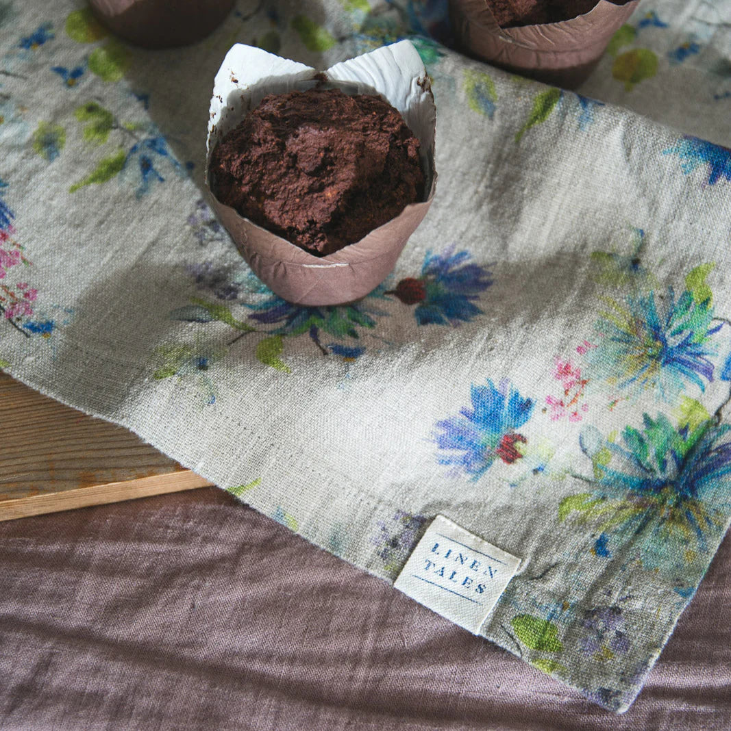 Set of 2 Flowers on Natural Linen Napkins, from Linen Tales