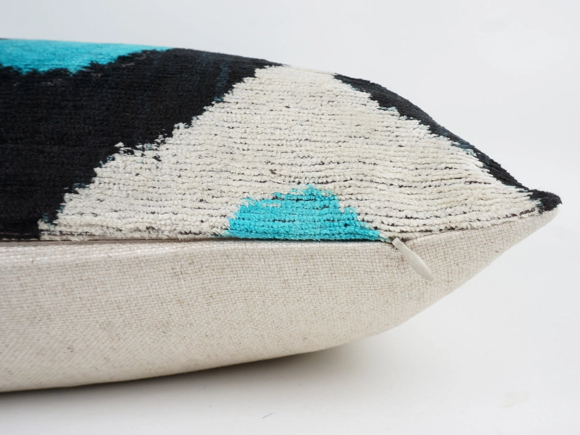 Ikat Silk Velvet Pillowcase in Turquoise and Black, from MD Home