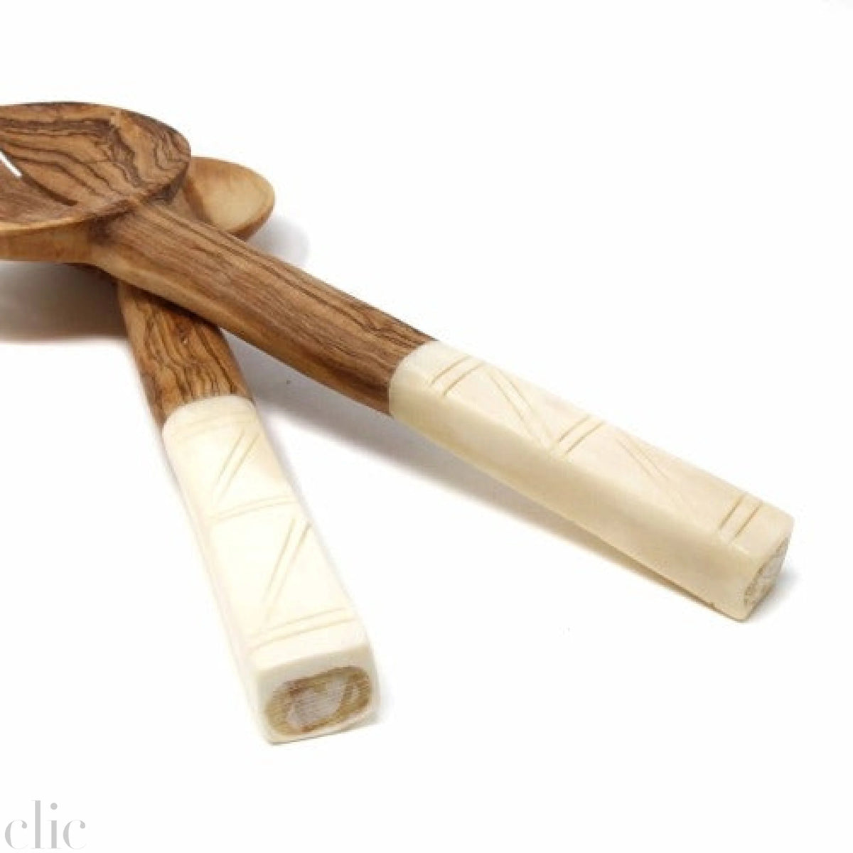 Olive Wood Serving Set with Square White Bone Handles