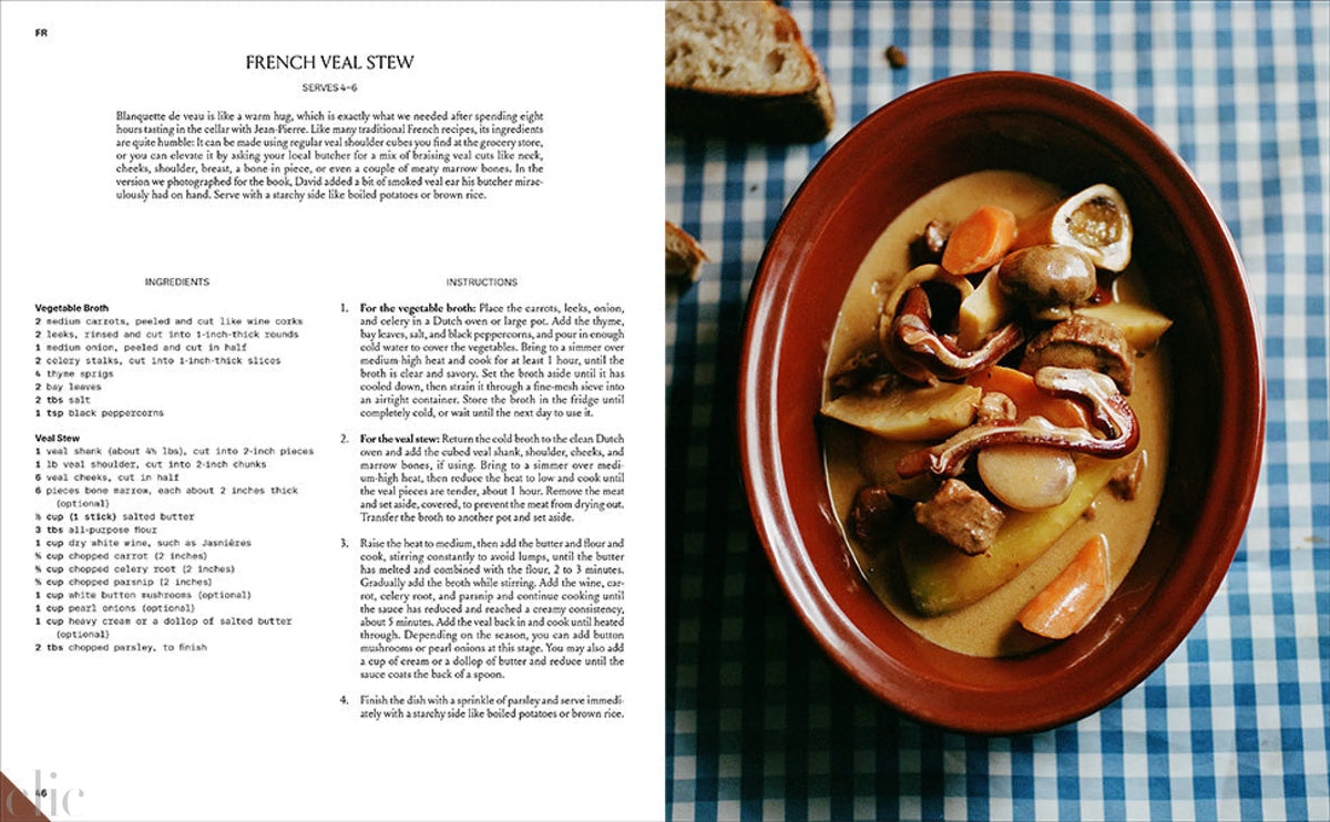 Recipe book page for French Veal Stew with a bowl of stew on a checkered tablecloth.