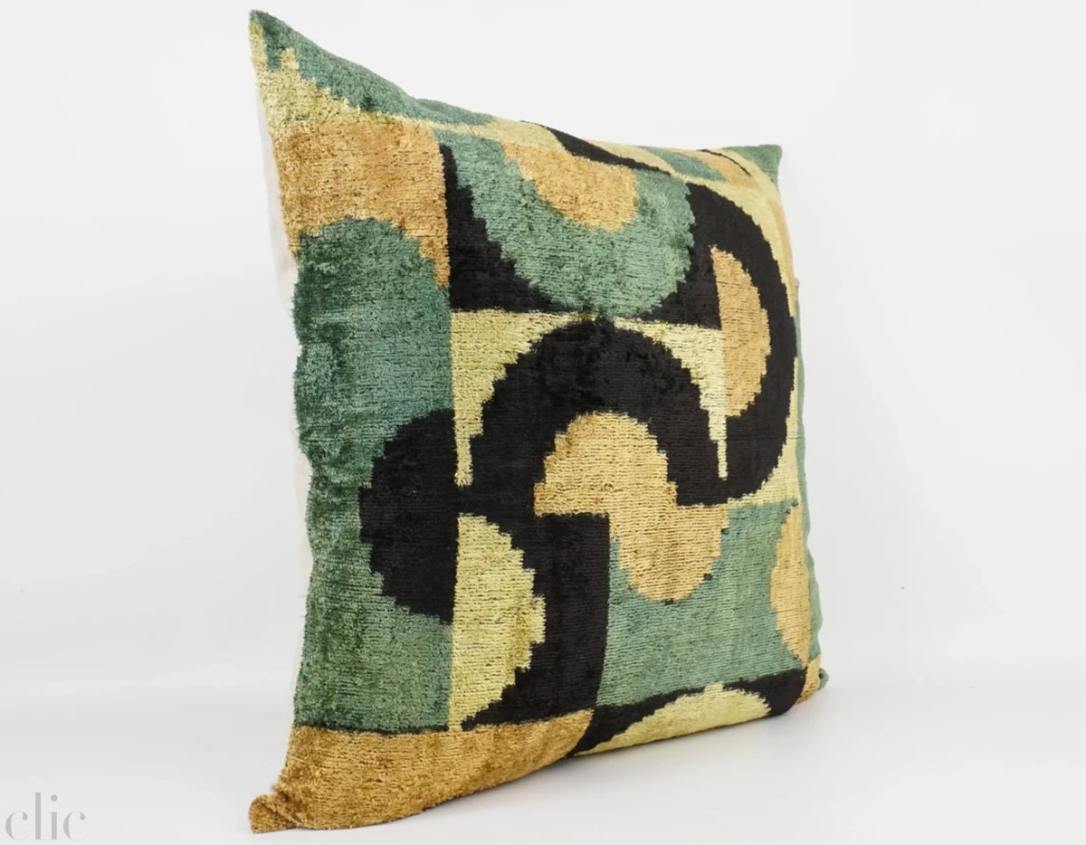Handmade Ikat Silk Velvet Pillow in Curve Ocre and Black Sage