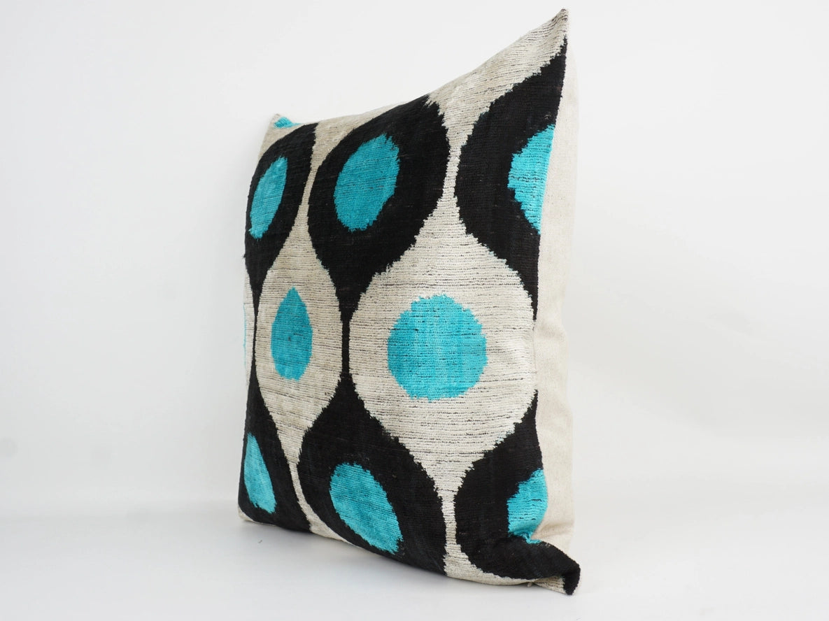 Ikat Silk Velvet Pillowcase in Turquoise and Black, from MD Home