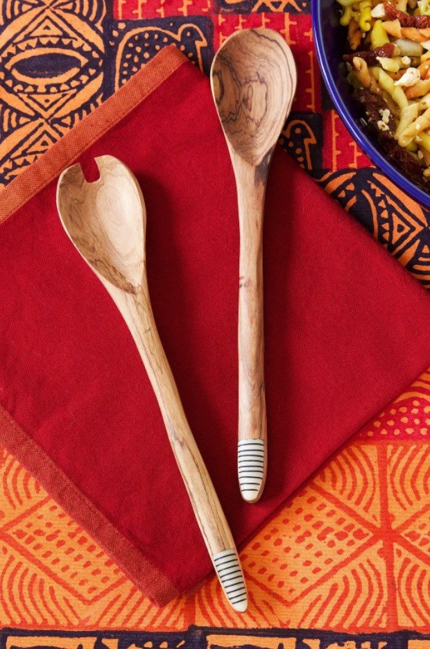 Notched Wild Olive Wood Salad Servers with Etched White Bone Handles