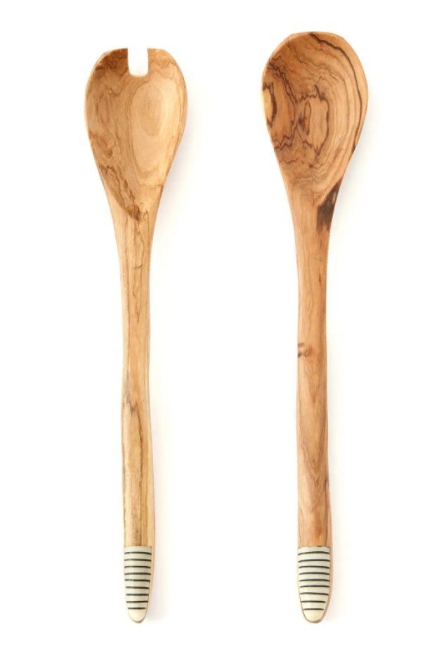 Notched Wild Olive Wood Salad Servers with Etched White Bone Handles