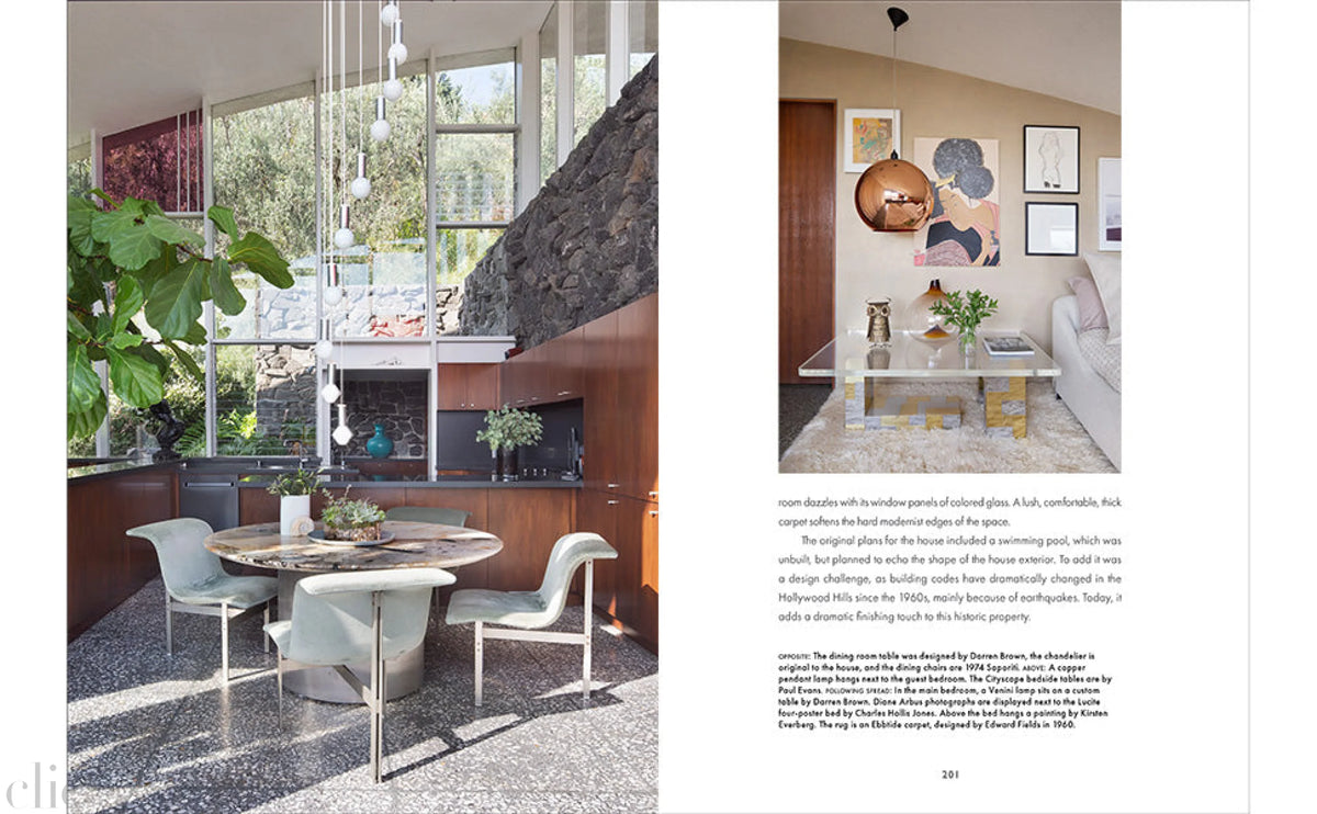 Interior design magazine spread with modern dining room and living room.